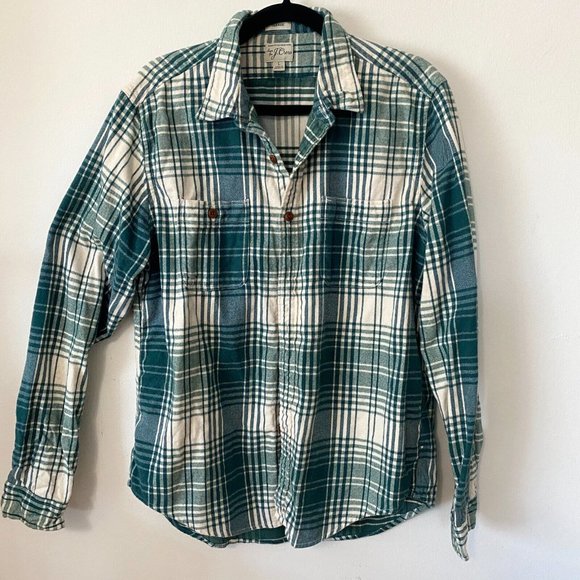 Sewn for J Crew 100% Cotton Green Cream Plaid Button Down Shirt Brown Button L